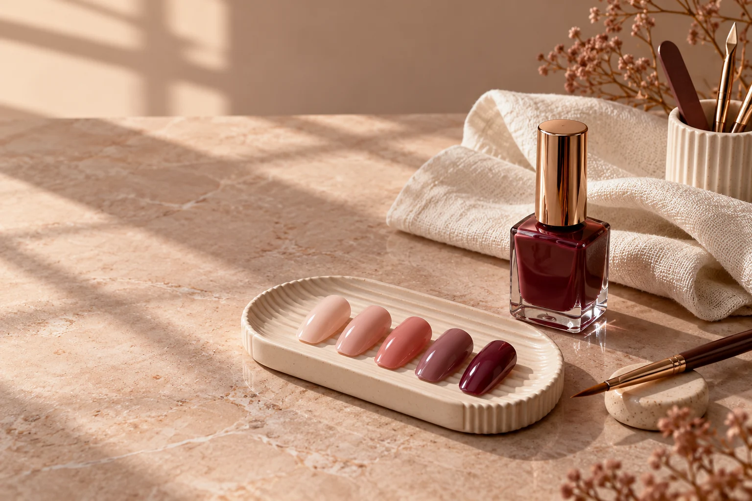 Bancada de manicure em tons nude, imagem ilustrativa de IA